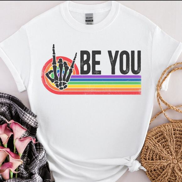 Be You Skeleton Rainbow Pride Unisex Graphic Tshirt White - Picture 1 of 1